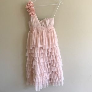 pink ruffle one shoulder dress